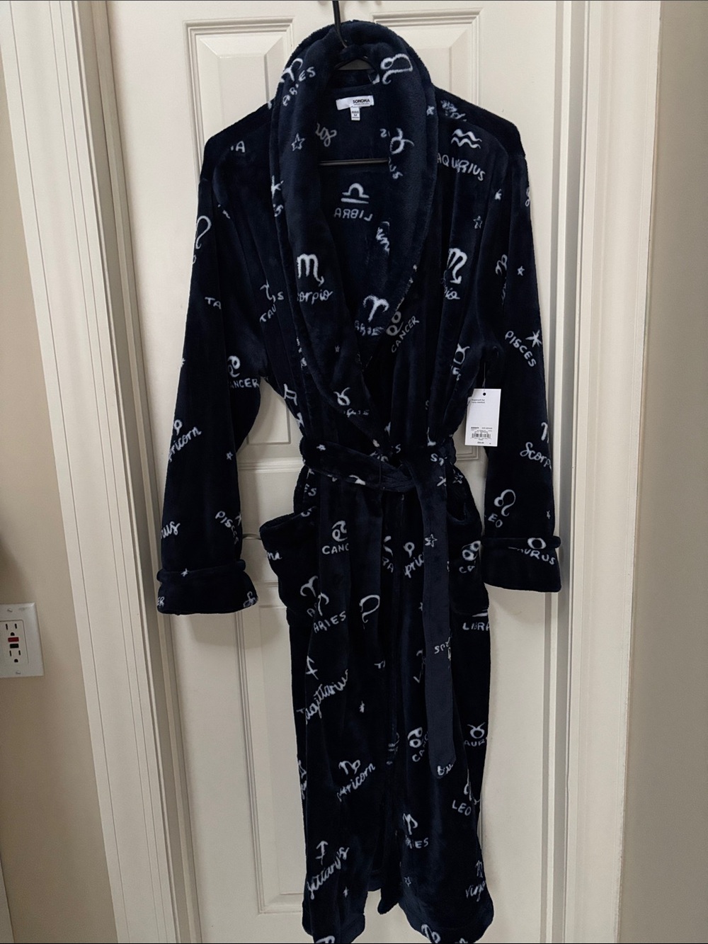 Zodiac Navy Blue Plush Robe with White Zodiac Motifs - Zodiac